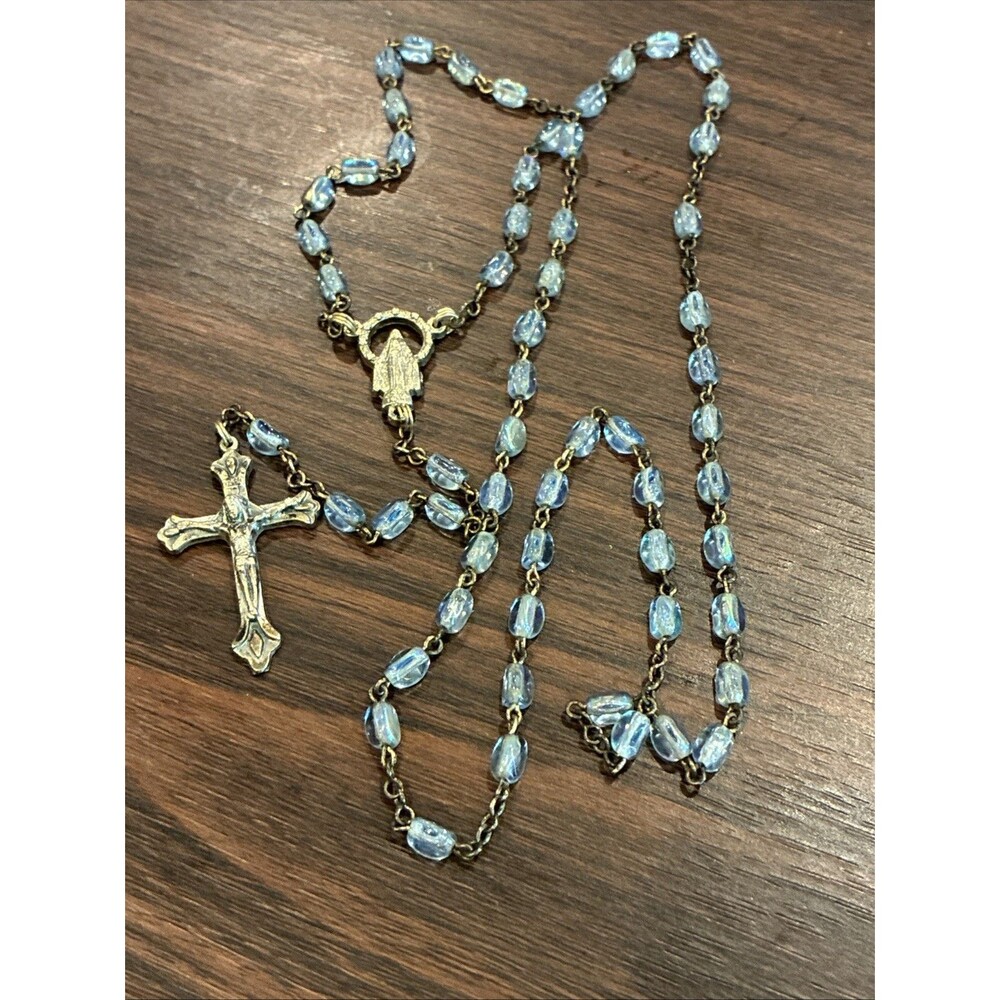 Vintage Creed Italy Rosary Light Blue Aurora Borealis AB Glass Beads Miraculous